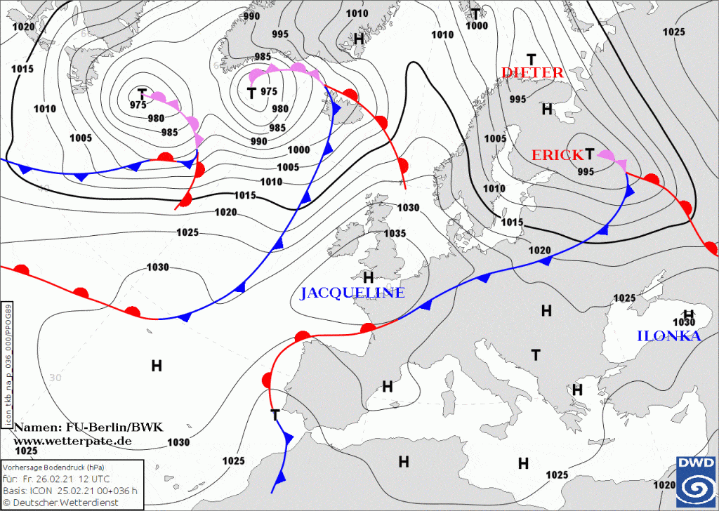 Pogoda. Sytuacja synoptyczna na dzień 26.02.2021, 12 UTC