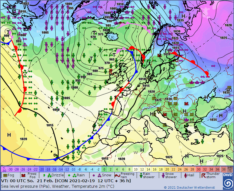 Pogoda. Sytuacja synoptyczna na dzień 21.02.2021, 00 UTC