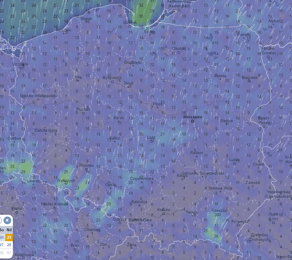 Prognoza wiatru na noc z soboty na niedzielę 