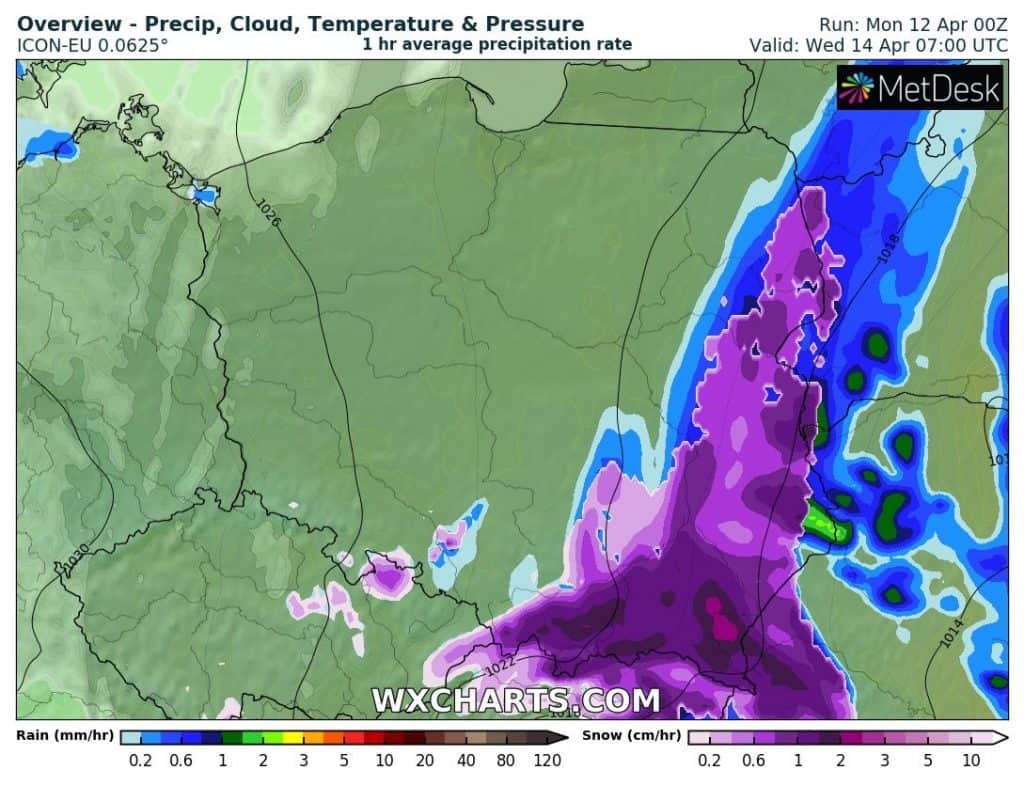 Śnieżyca na wschodzie Polski wg. modelu ICON-EU