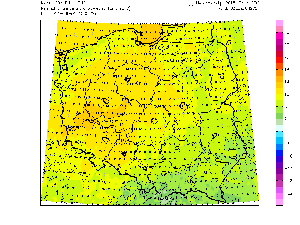 Pogoda. Temperatura minimalna w Polsce 