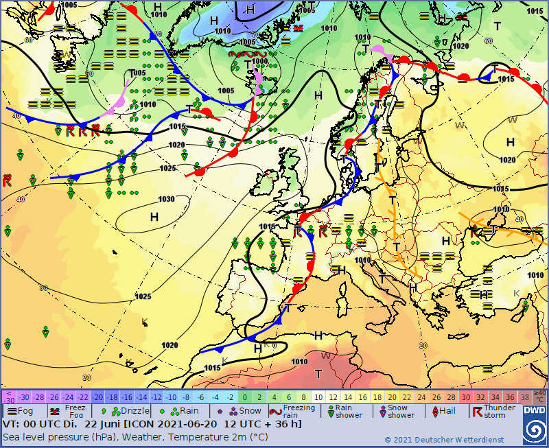 Pogoda. Sytuacja synoptyczna na dzień 22.06.2021, 00 UTC