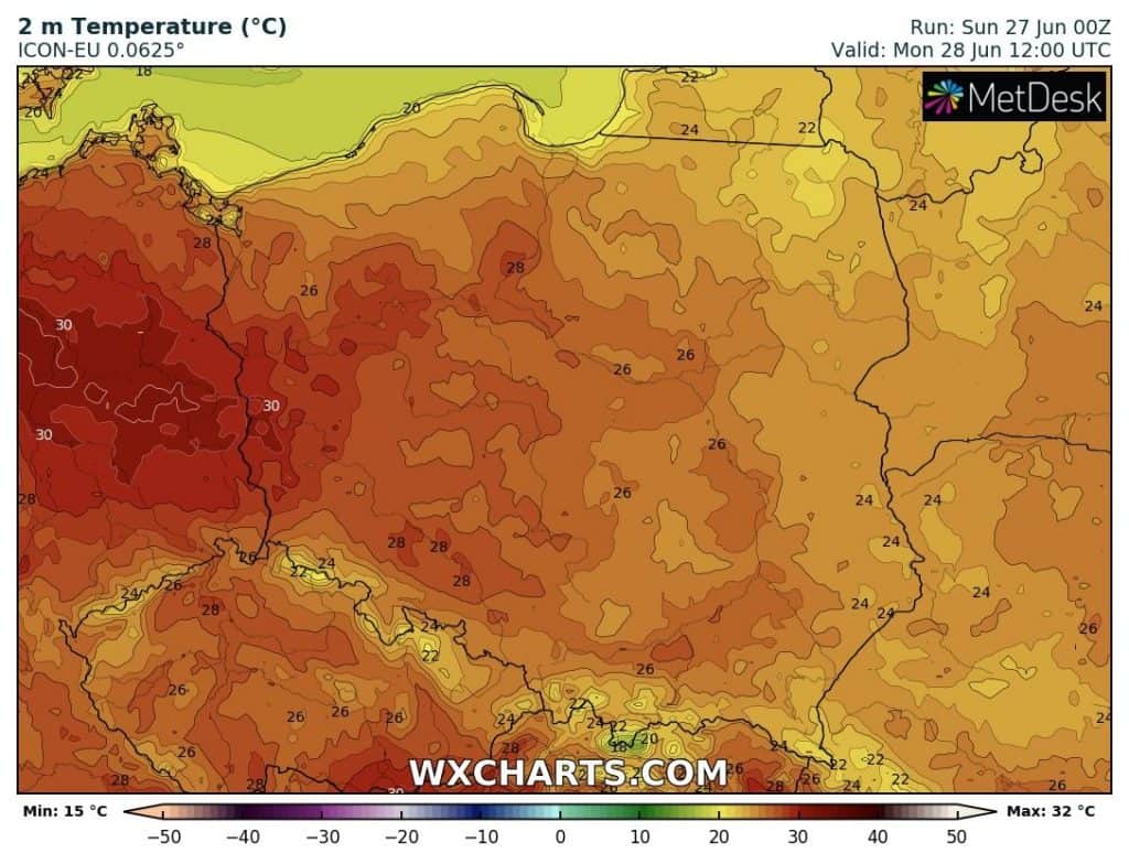 Upał w Polsce w poniedziałek