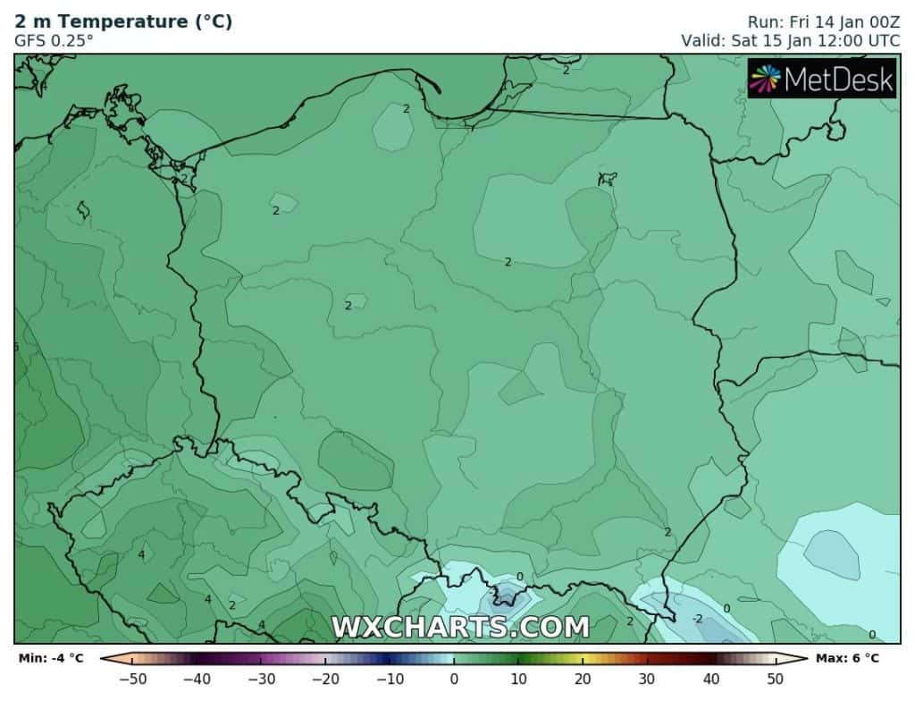 Temperatury na sobotę 15 stycznia dla Polski