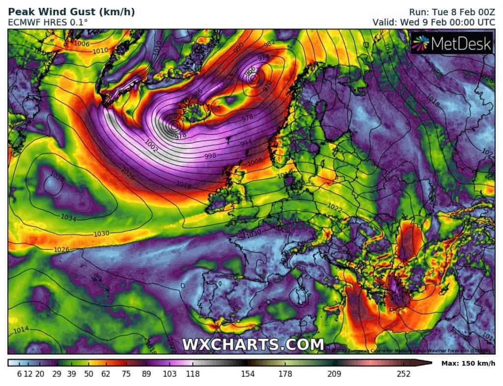 Una potente tempesta di vento nel nord Europa