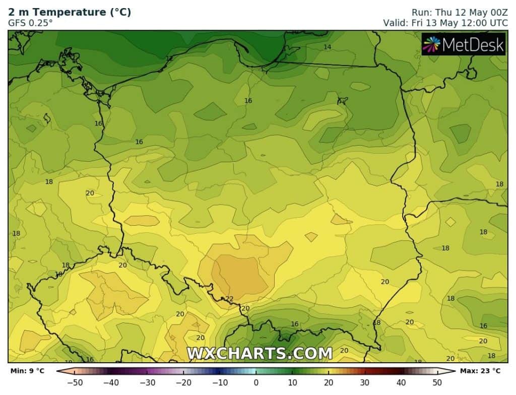 Temperature in Polonia venerdì 13 maggio.
