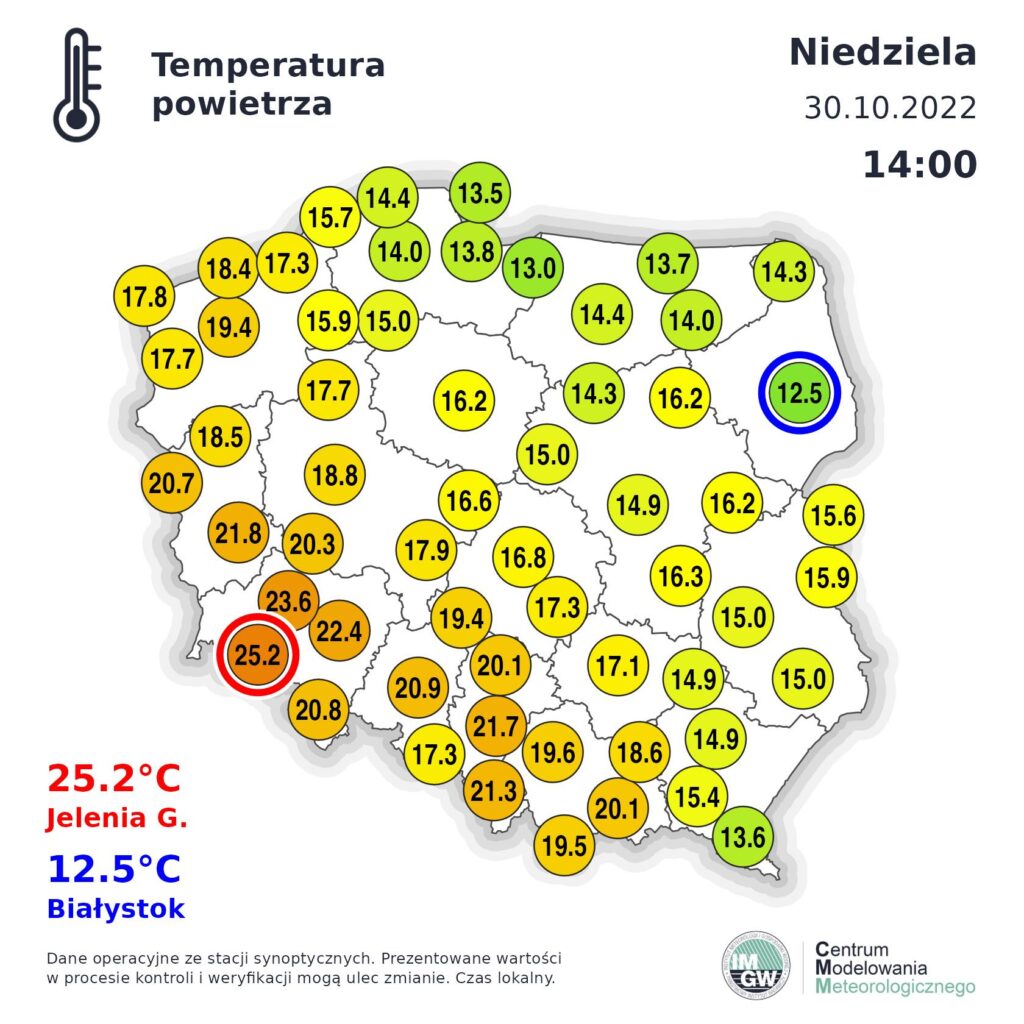zanotowana na obszarze Polski temperatura o godzinie 14:00, 30 października 2022