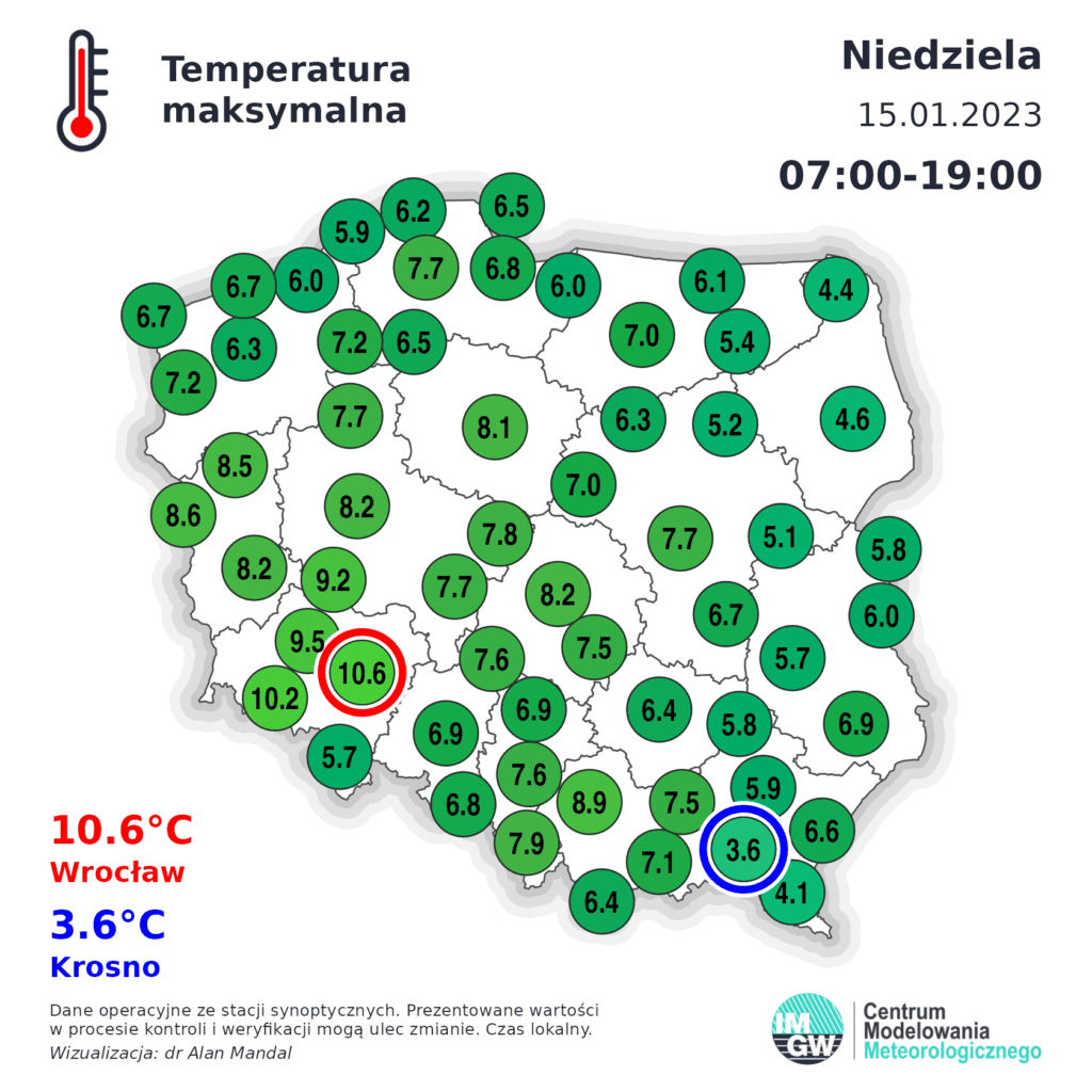 wrocław najcieplejszy, 15 stycznia 2023 r. 