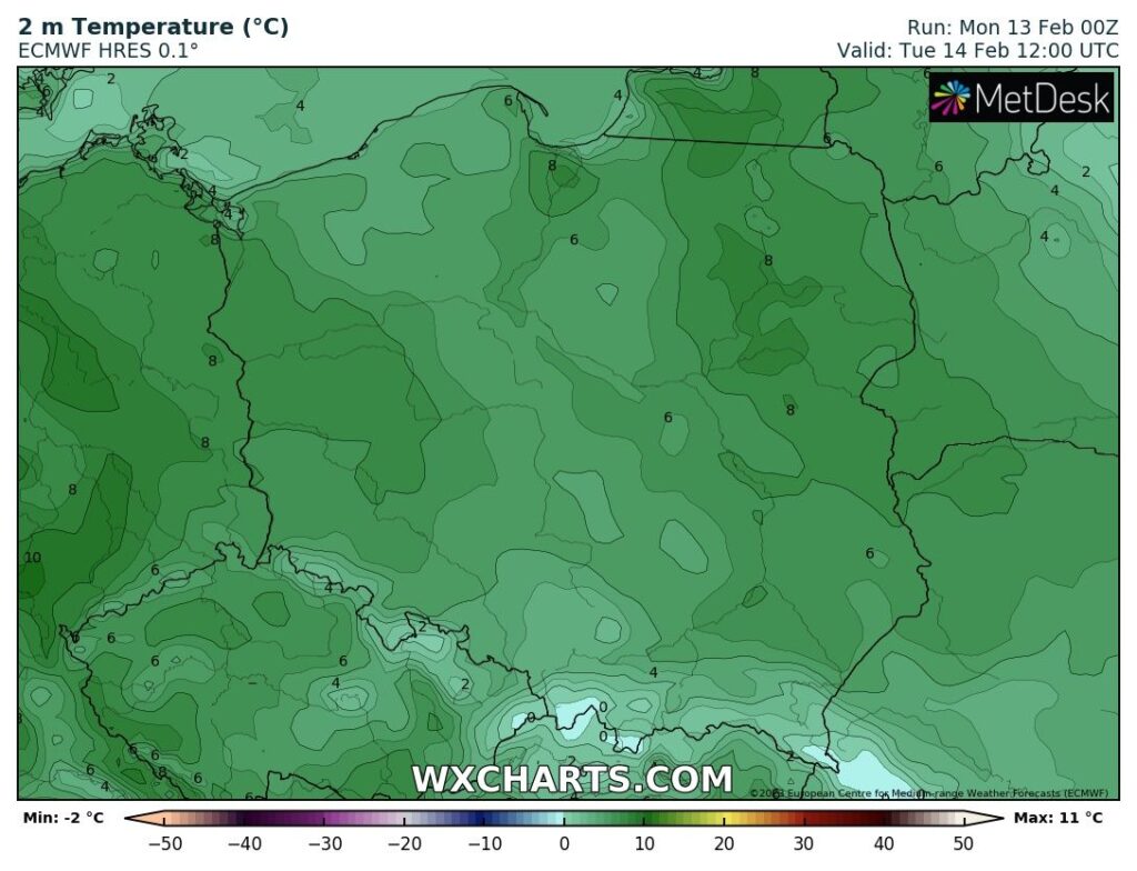 Prognoza temperatury na wtorek 14 lutego