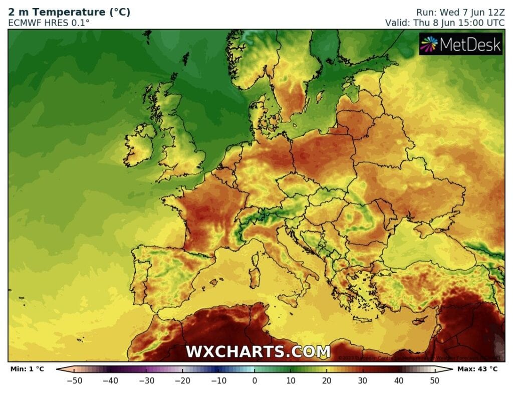 Rozkład wartości temperatury w Europie