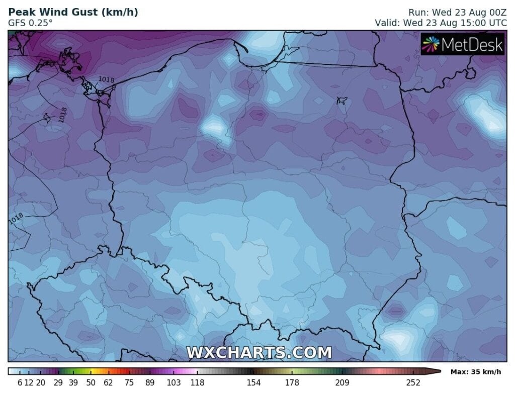 Brak wiatru w Polsce w środę 23 sierpnia 2023