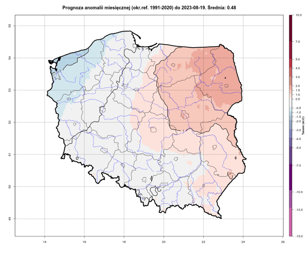 anomalia temperatury do 19 sierpnia 2023 r. w Polsce