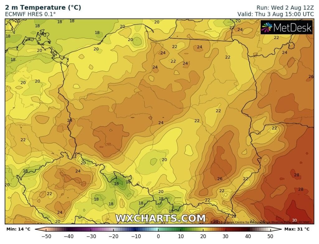 Wysokie temperatury w czwartek w Polsce