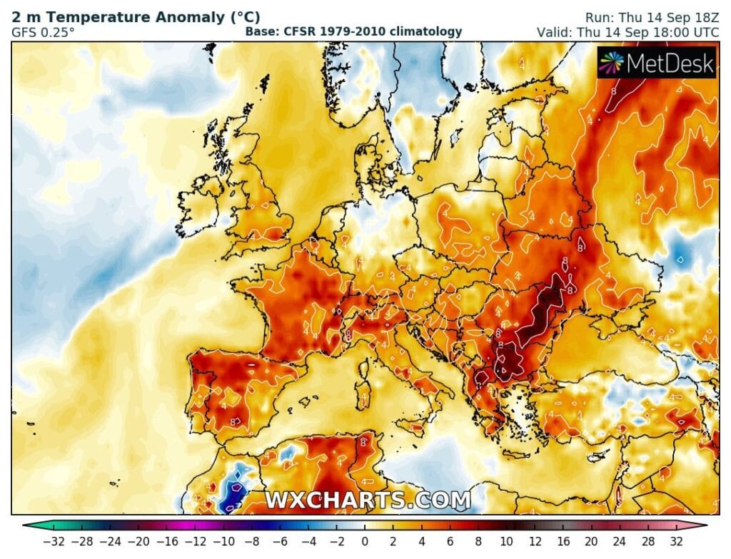 Dodatnia anomalia temperatury dla Europy w połowie września