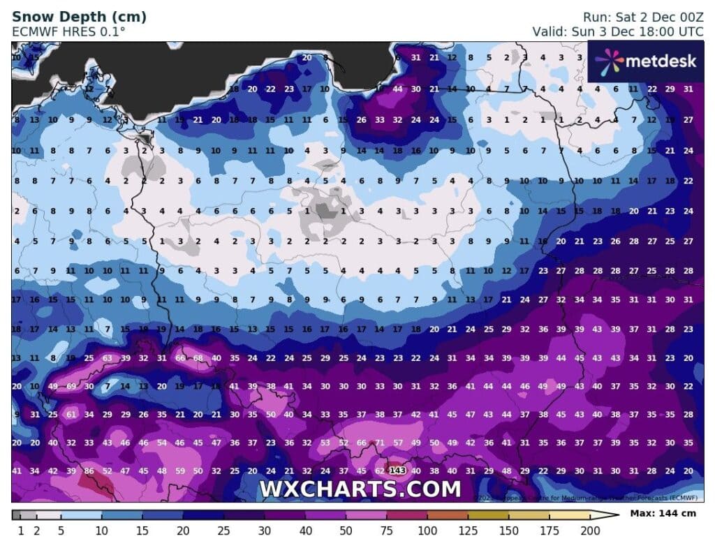 ECMWF zawyża grubość pokrywy śnieżnej