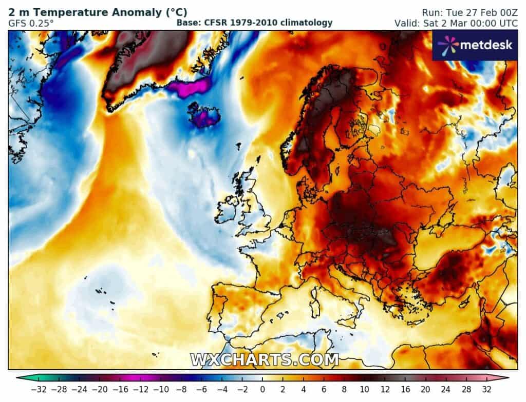 Dodatnia anomalia temperatury dla Europy