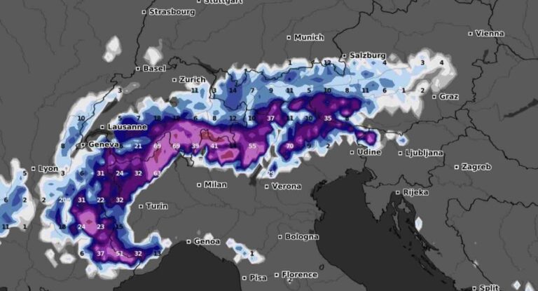 silna śnieżyca w krajach alpejskich