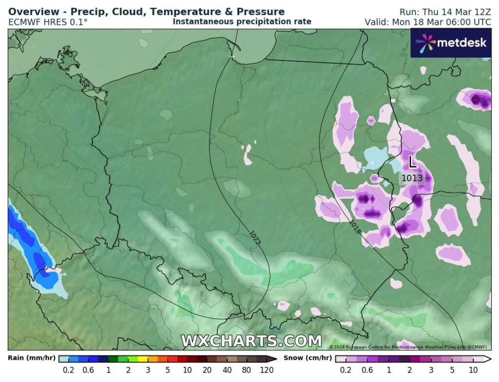 śnieg na obszarze Polski i przymrozki