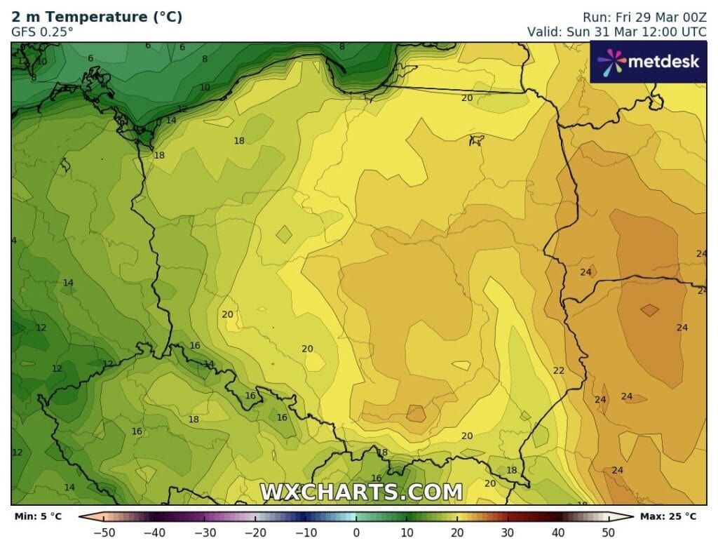 Wysokie temperatury w niedzielę 31 marca