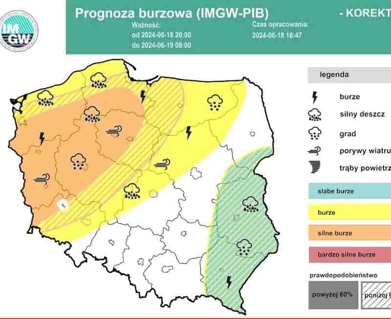Alerty IMGW przed burzami dla Polski na noc