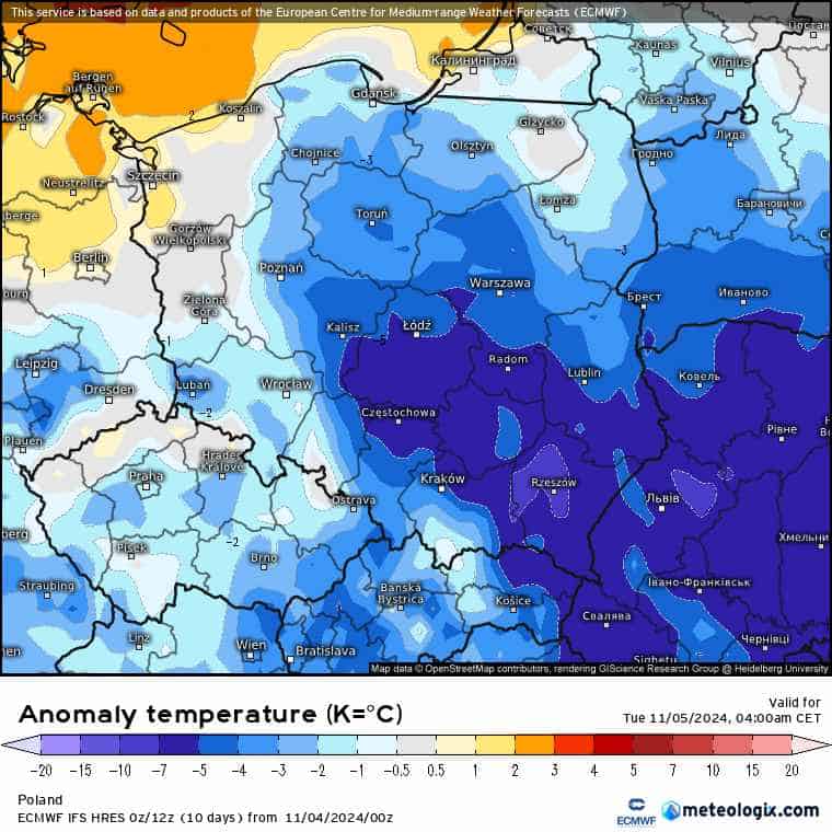 mróz i spora anomalia temperatury