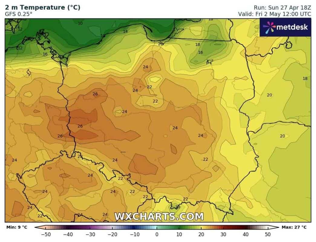 Wedle modelu GFS upał w weekend będzie bliski, ale trzydziestki nie pojawią się na termometrach