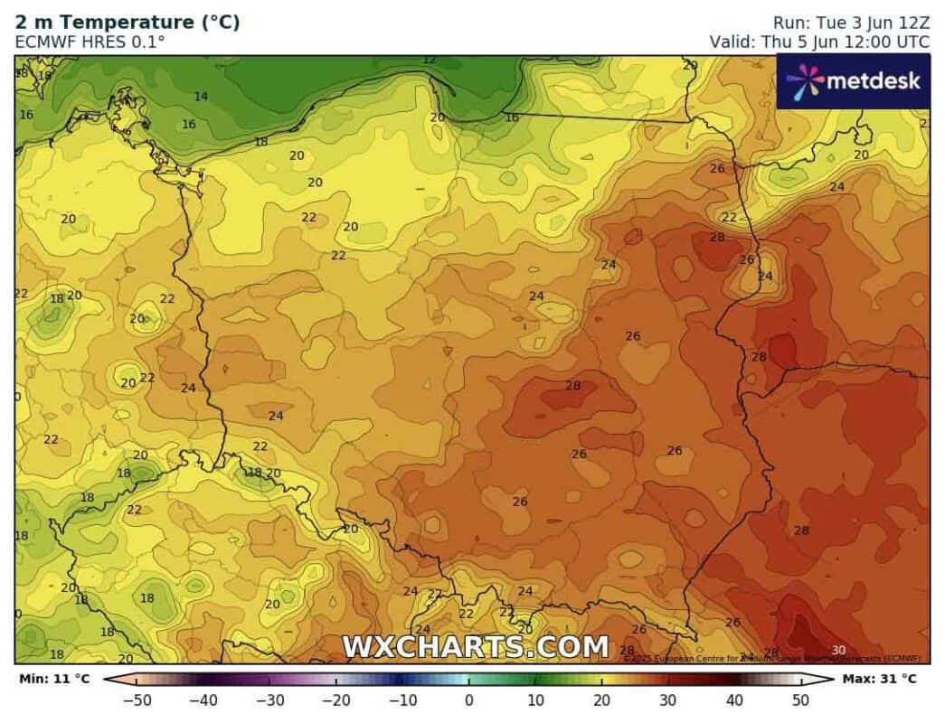 Wichury i burze w czwartek w gorących masach powietrza. Prognoza temperaury dla Polski