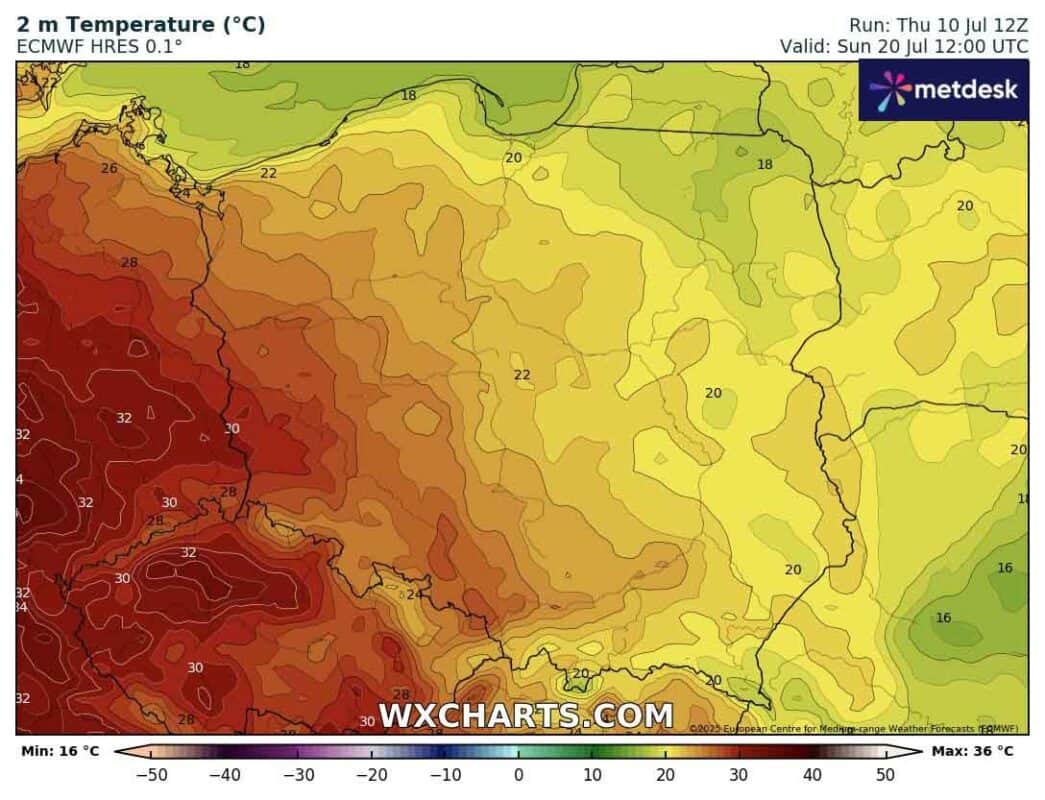 Europejski model ECMWF prognozuje, że w Polsce nie wystąpią aż tak wysokie temperatury