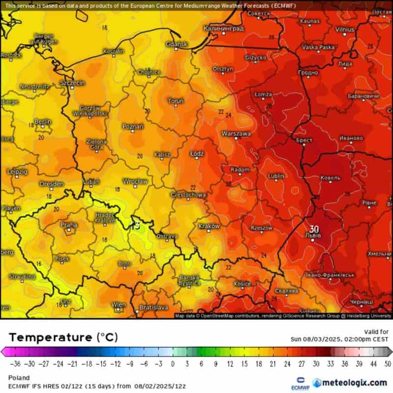 duży kontrast termiczny w kraju oraz burze
