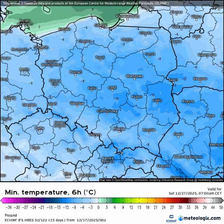 silny mróz w prognozach pogody według ECMWF
