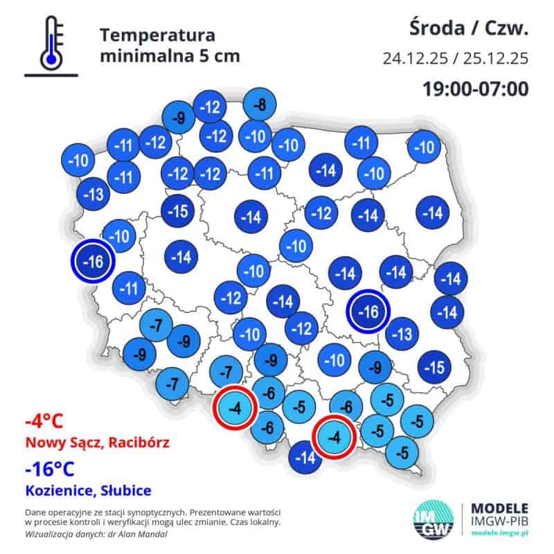 silny mróz w kraju