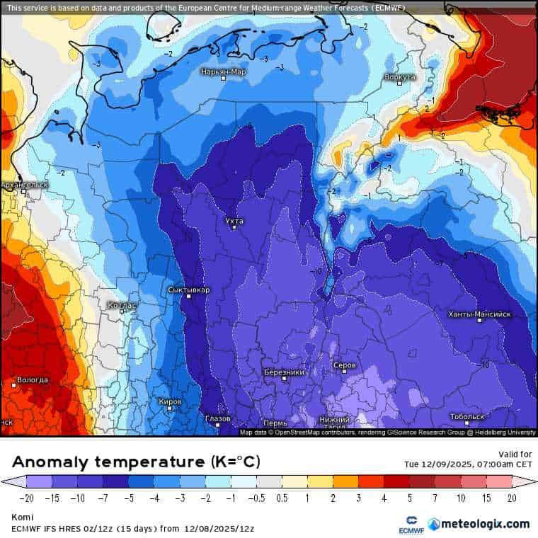 siarczysty mróz w europejskiej części Rosji według ecmwf