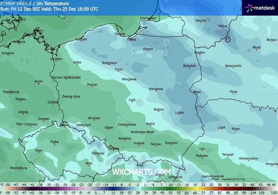 Prognoza pogody na Święta Bożego Narodzenia widzi niższe temperatury powietrza