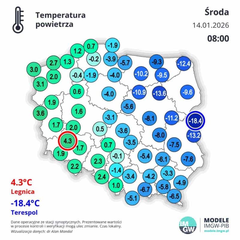 duża różnica temperatury w Polsce