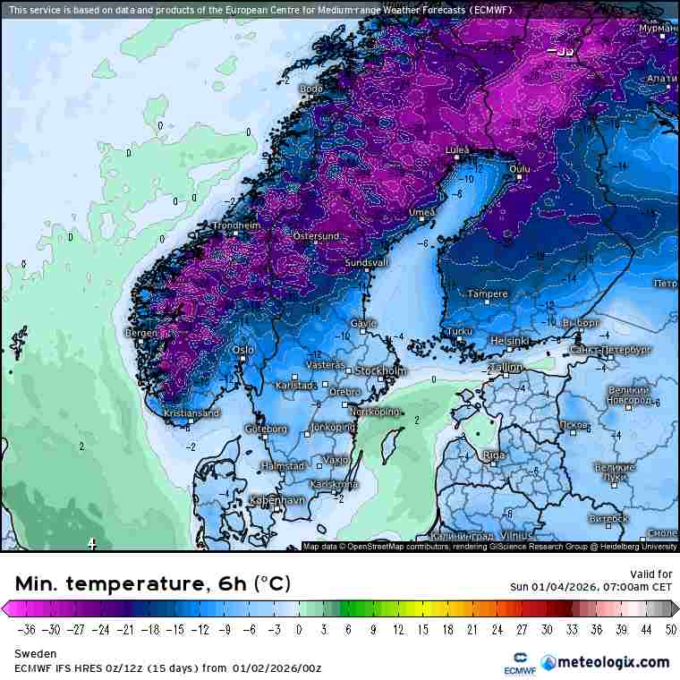 silny mróz w Skandynawii