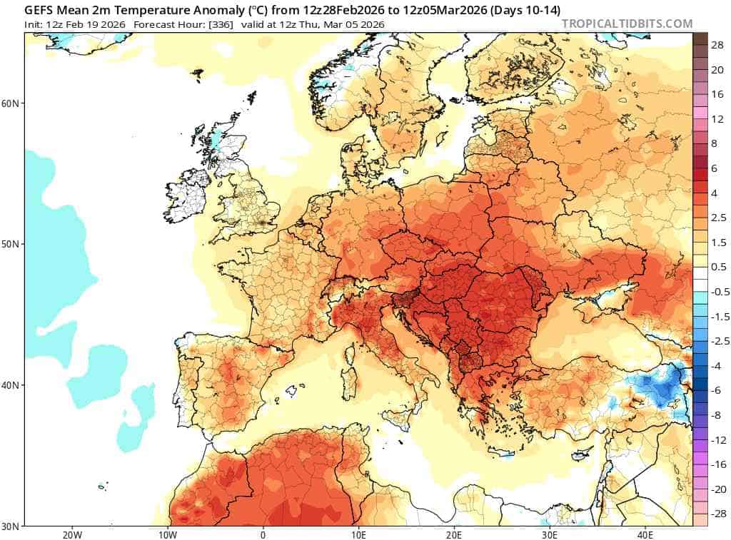 silne ocieplenie w regionie według. GEFS. Nawet 5-15 stopni cieplej od normy klimatycznej.