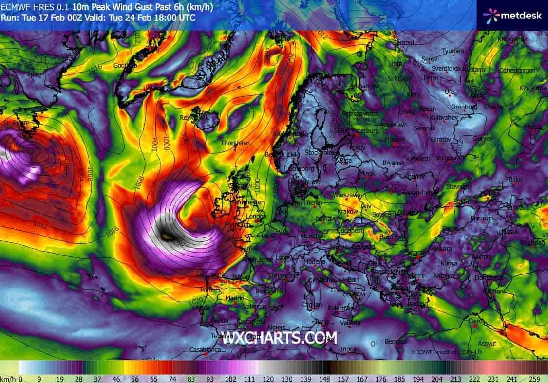 Głęboki niż i silna wichura w Europie na koniec lutego