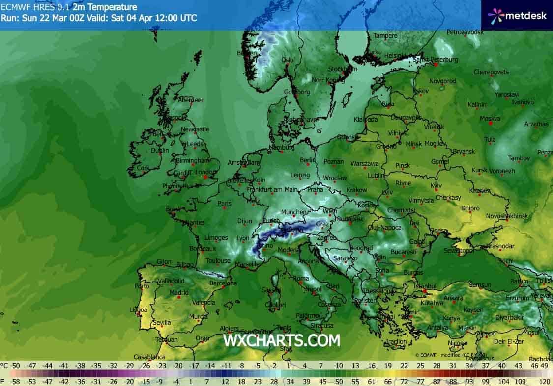 Upał w Europie. Brak trzydziestek na mapach temperatury do końca pierwszej połowy kwietnia