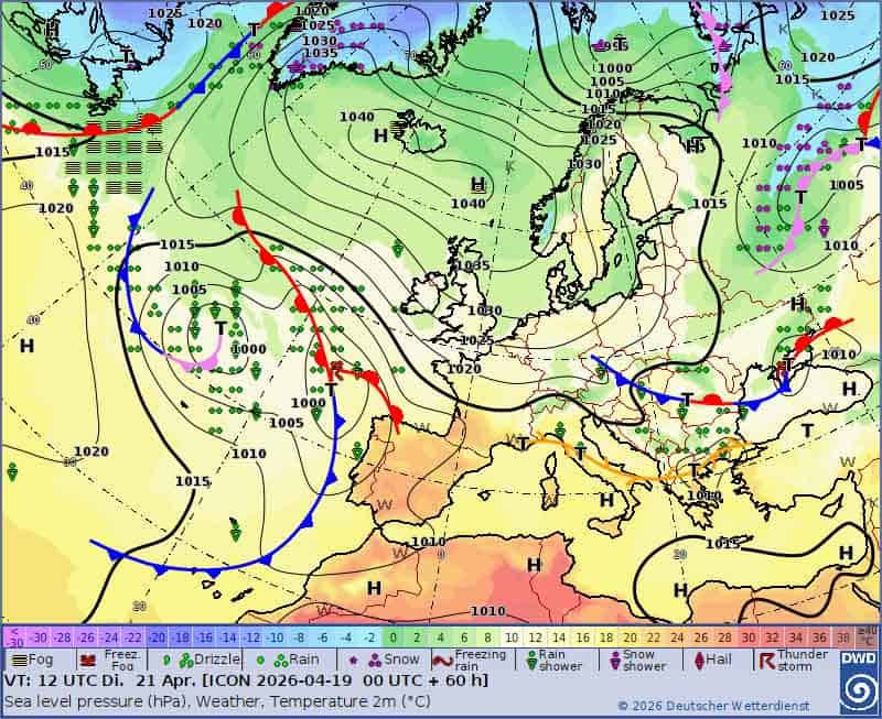 Sytuacja synoptyczna we wtorek 21 kwietnia. Śnieżyca na wschodzie Europy