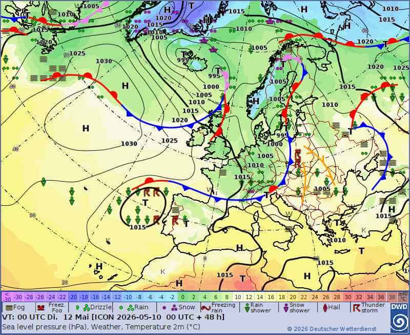 groźne burze nad Polską, 12 maja 2026 r. według dwd
