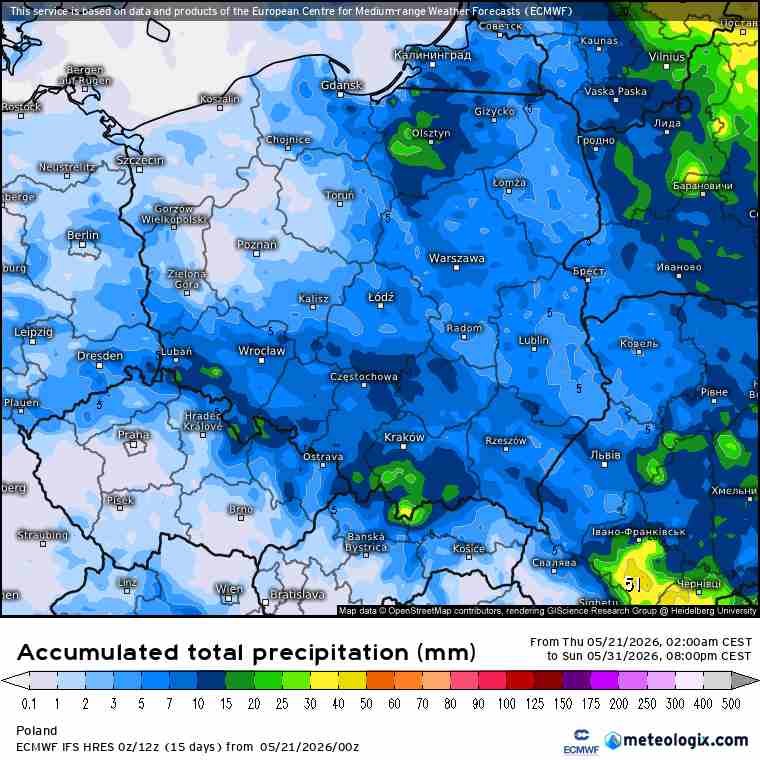 mało opadów i rzadkie burze w prognozach