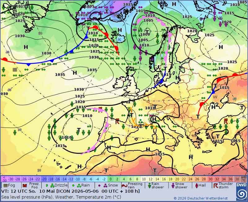 Pogoda na weekend. Niedziela 10 maja. Mapa synoptyczna