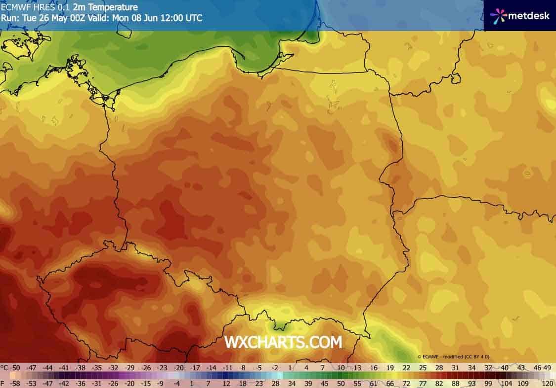 Wysokie temperatury na mapach dla Polski na kolejne dni