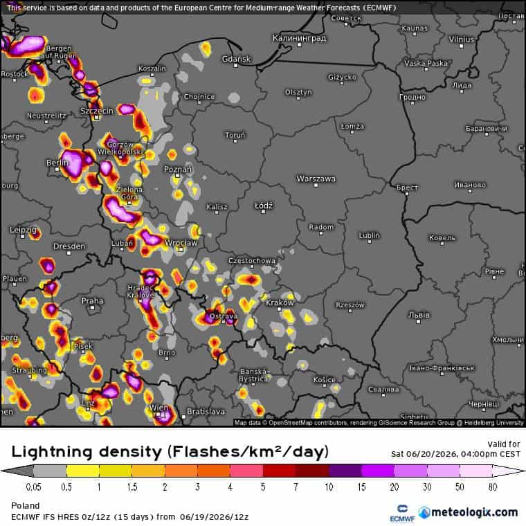 wyładowania w dużej ilości według ECMWF