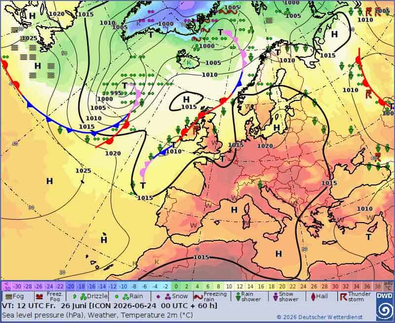 Sytuacja synoptyczna na piątek 26 czerwca