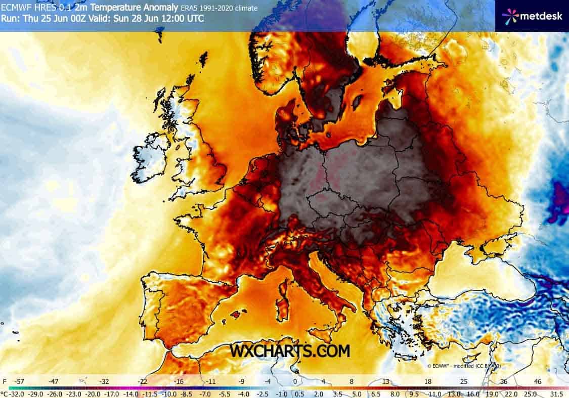 Bardzo dodatnia anomalia temperatury. Silny upał w regionie