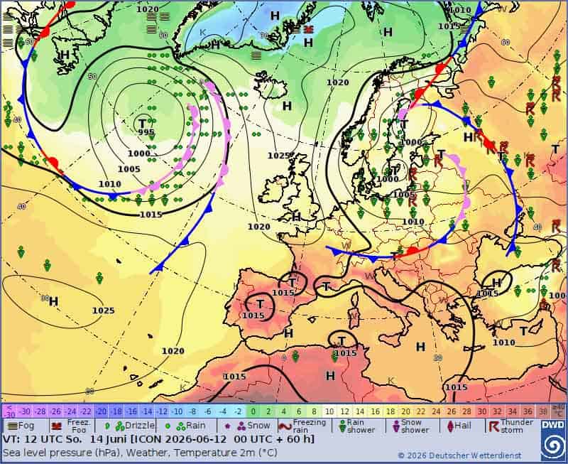 Sytuacja synoptyczna na 14 czerwca. Niż znad Bałtyku przyniesie załamanie pogody w Polsce