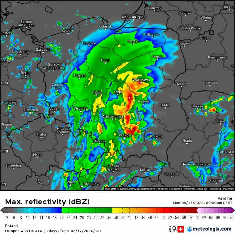 wielkoskalowe opady i burze zmierzają na wschód