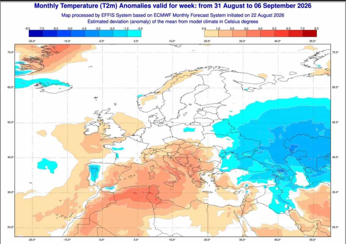 ujemna anomalia termiczna według ECMWF