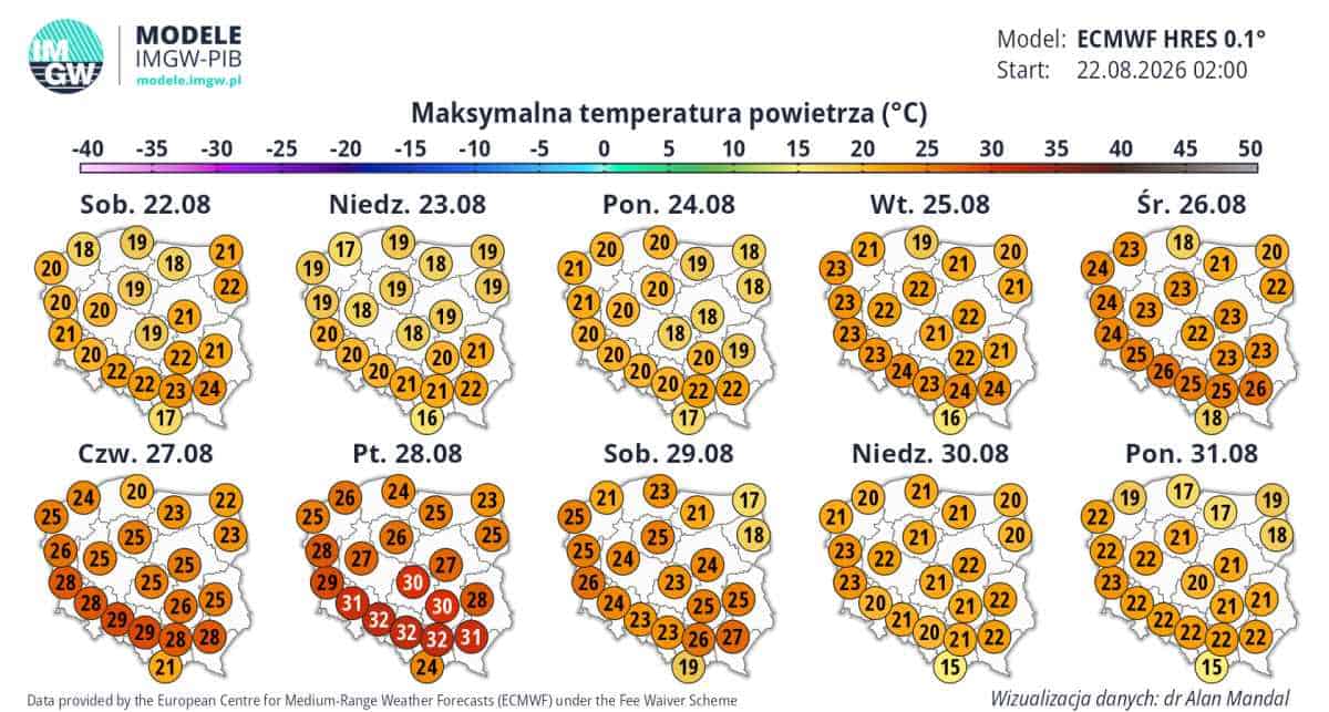 mróz przy gruncie ECMWF i potem upał